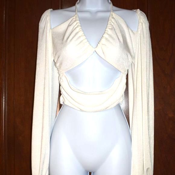 Gab & Kate White Off Shoulder Blouse Medium Tie Front Sexy V Neck Top - Picture 6 of 12